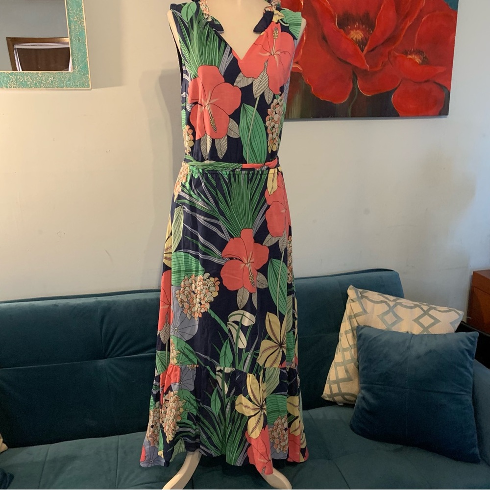 Talbots Hibiscus Tropical Floral Print Midi Maxi Dress Blue Multicolored Size 4